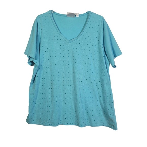 Quacker Factory Size 2X Blue V Neck T Shirt With Rhinestones - Picture 1 of 9